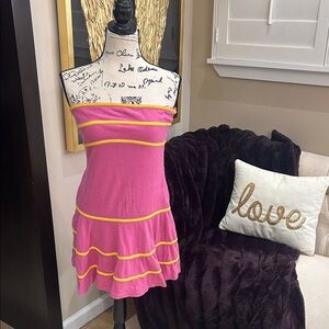 Free People Strapless Pink Mini Dress with Yellow Trim